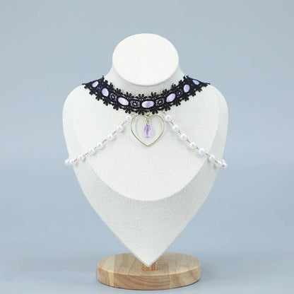 Pearl Heart Fringe Black Lace Choker