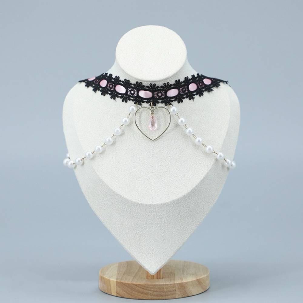 Pearl Heart Fringe Black Lace Choker