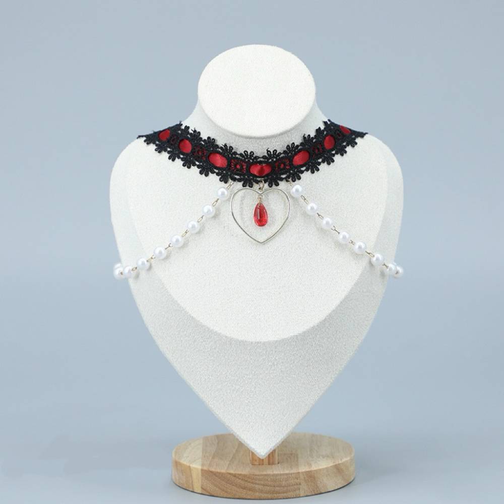 Pearl Heart Fringe Black Lace Choker