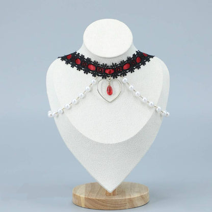 Pearl Heart Fringe Black Lace Choker