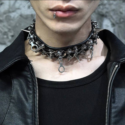 Punk Black Heavy Spiked & Rivet Leather Men's Choker