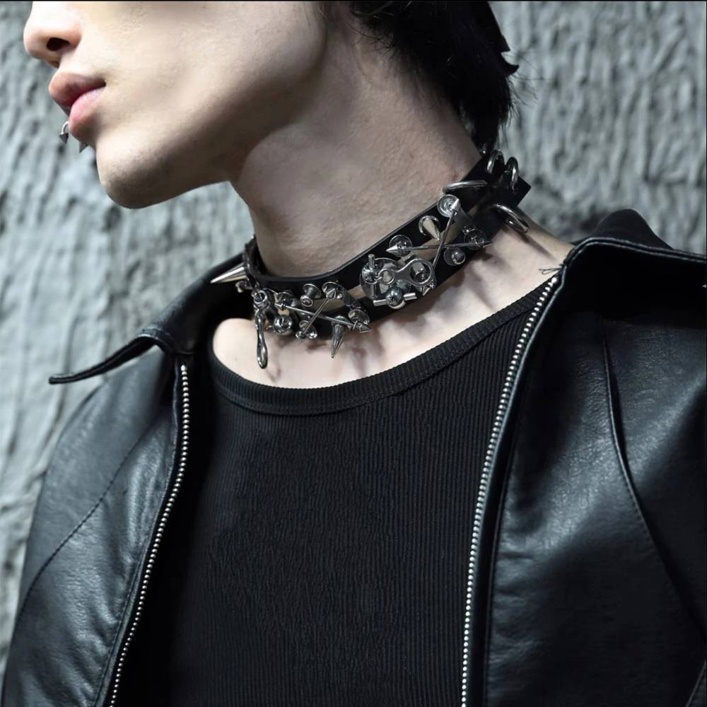 Punk Black Heavy Spiked & Rivet Leather Men's Choker
