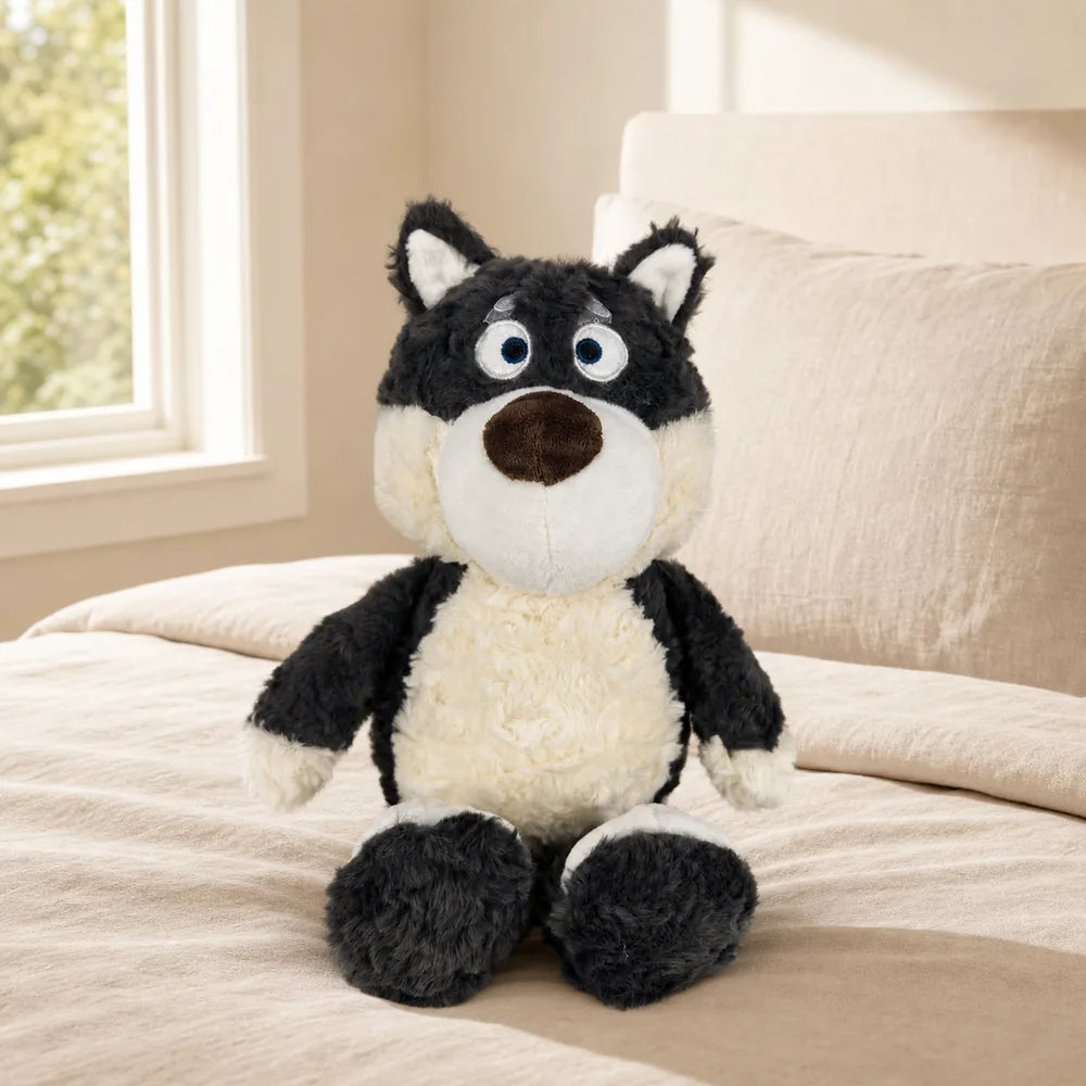 Black Cream Husky Plush on Bed Stuffed Animal
