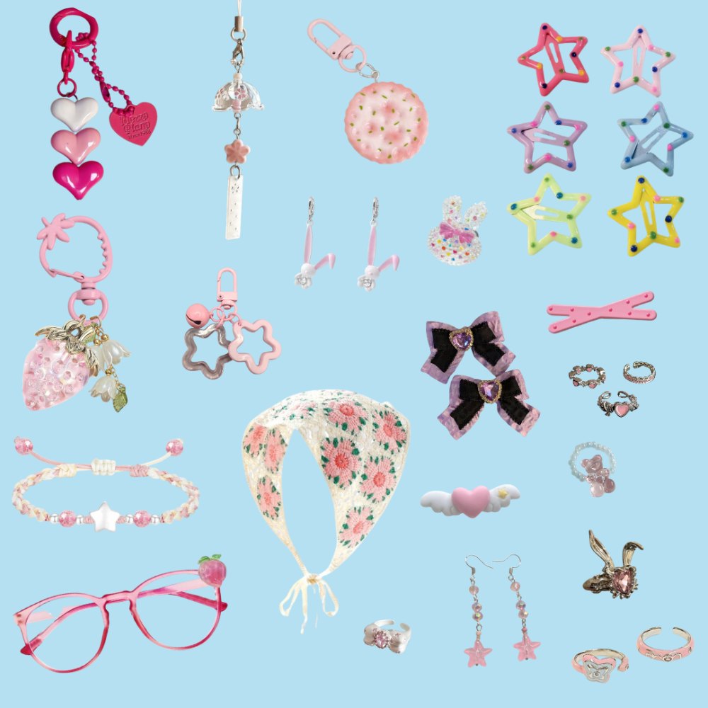 kawaii keychains, rings,and glasses