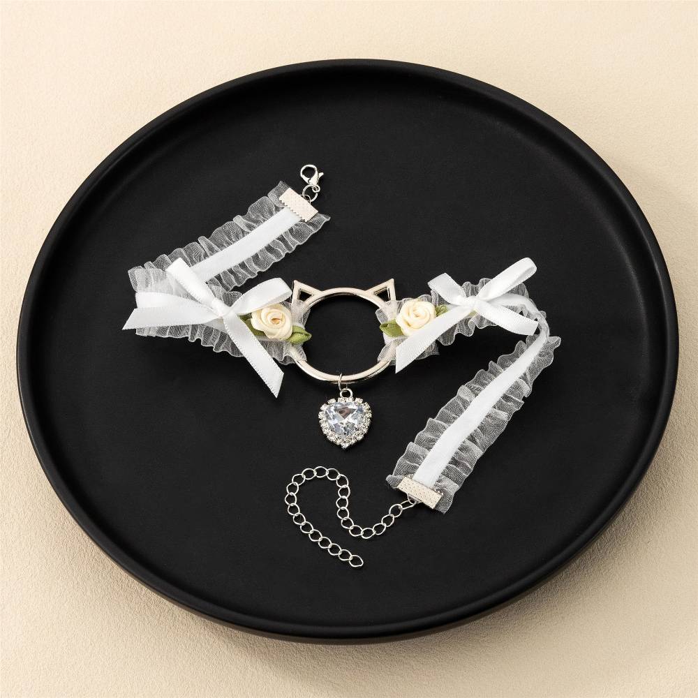 Cat Head Rose Diamond Heart Choker Lace