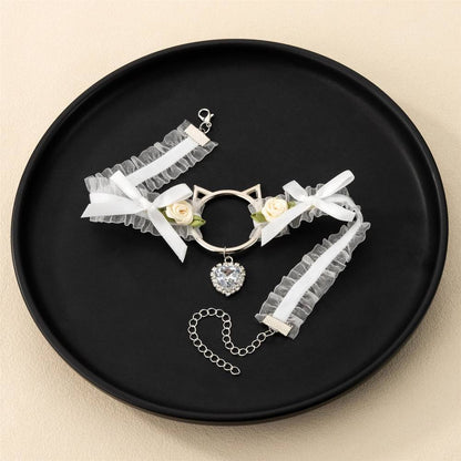 Cat Head Rose Diamond Heart Choker Lace