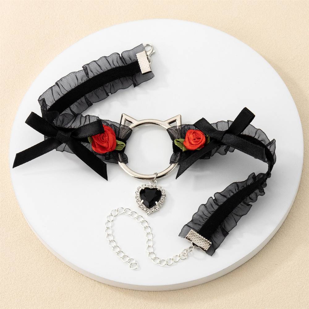 Cat Head Rose Diamond Heart Choker Lace