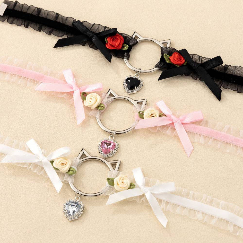 Cat Head Rose Diamond Heart Choker Lace
