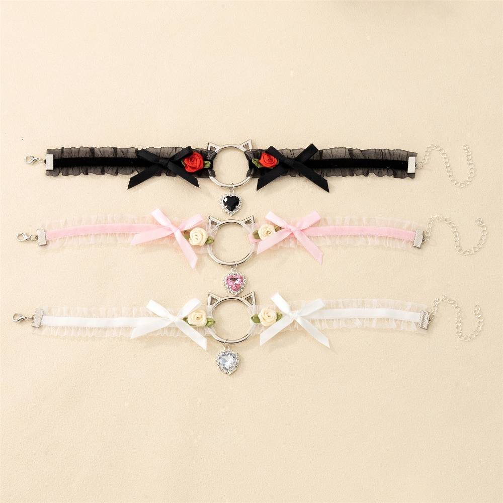 Cat Head Rose Diamond Heart Choker Lace