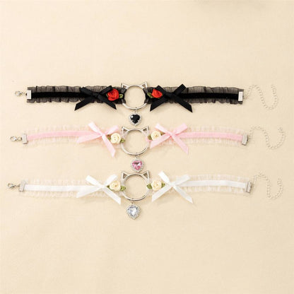 Cat Head Rose Diamond Heart Choker Lace