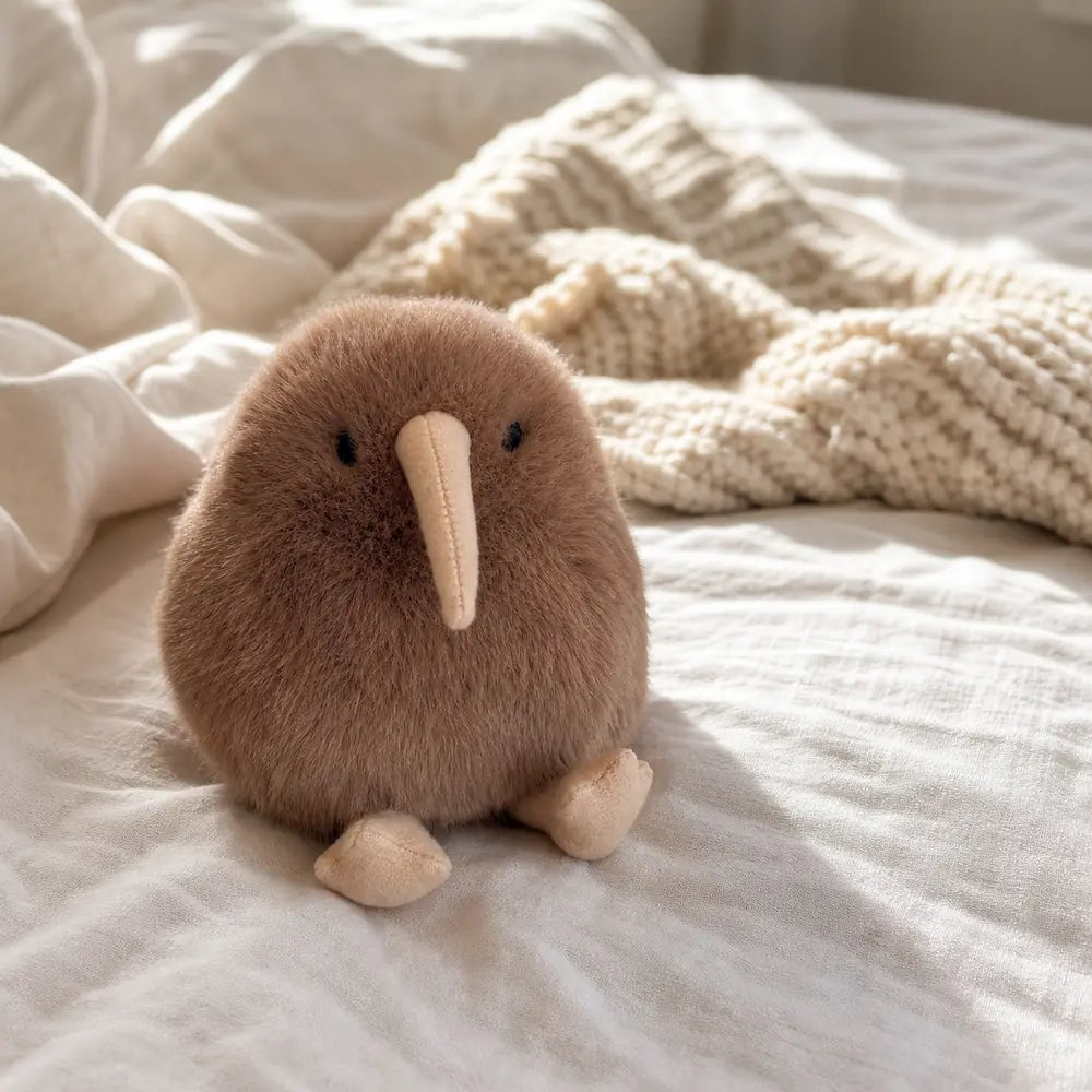 Brown Kiwi Bird Plush on Linen Bed