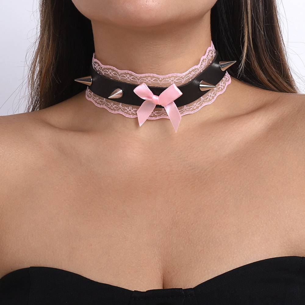 Black Leather Lace Choker with Ribbon Decoration