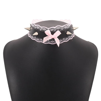 Black Leather Lace Choker with Ribbon Decoration