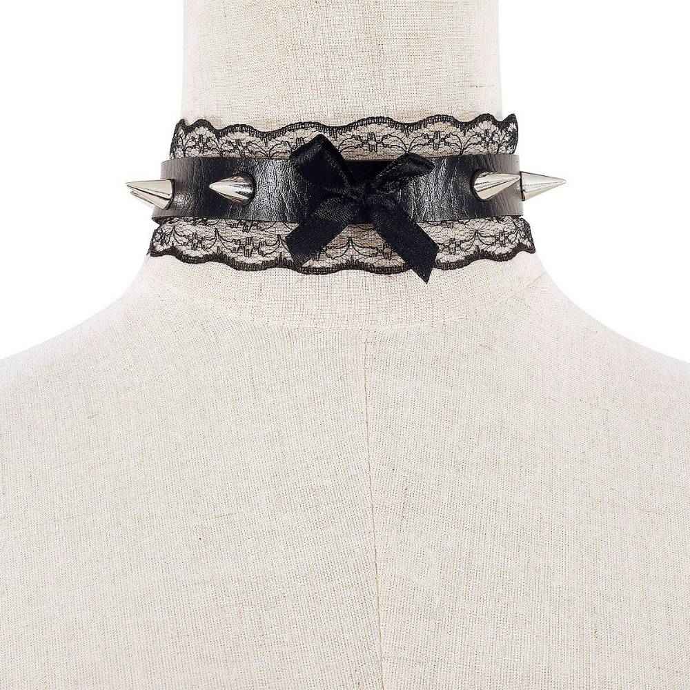 Black Leather Lace Choker with Ribbon Decoration