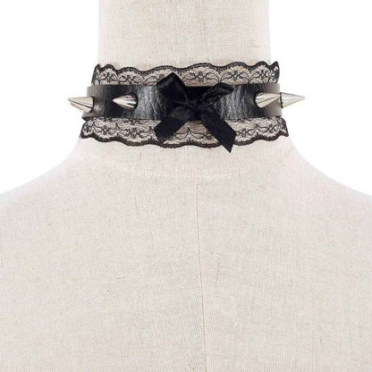 Black Leather Lace Choker with Ribbon Decoration