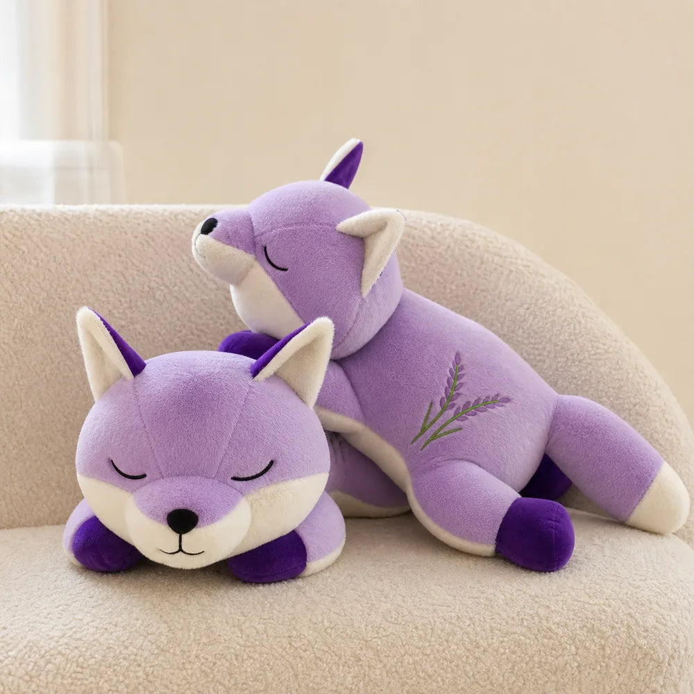 Lavender Sleepy Fox Plush Two Sizes on Sofa