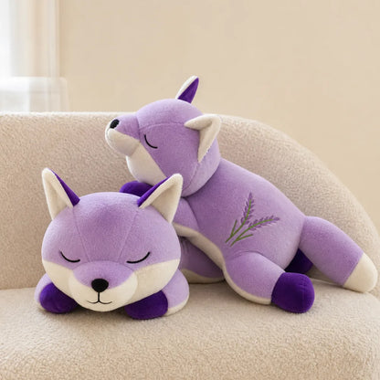 Lavender Sleepy Fox Plush Two Sizes on Sofa