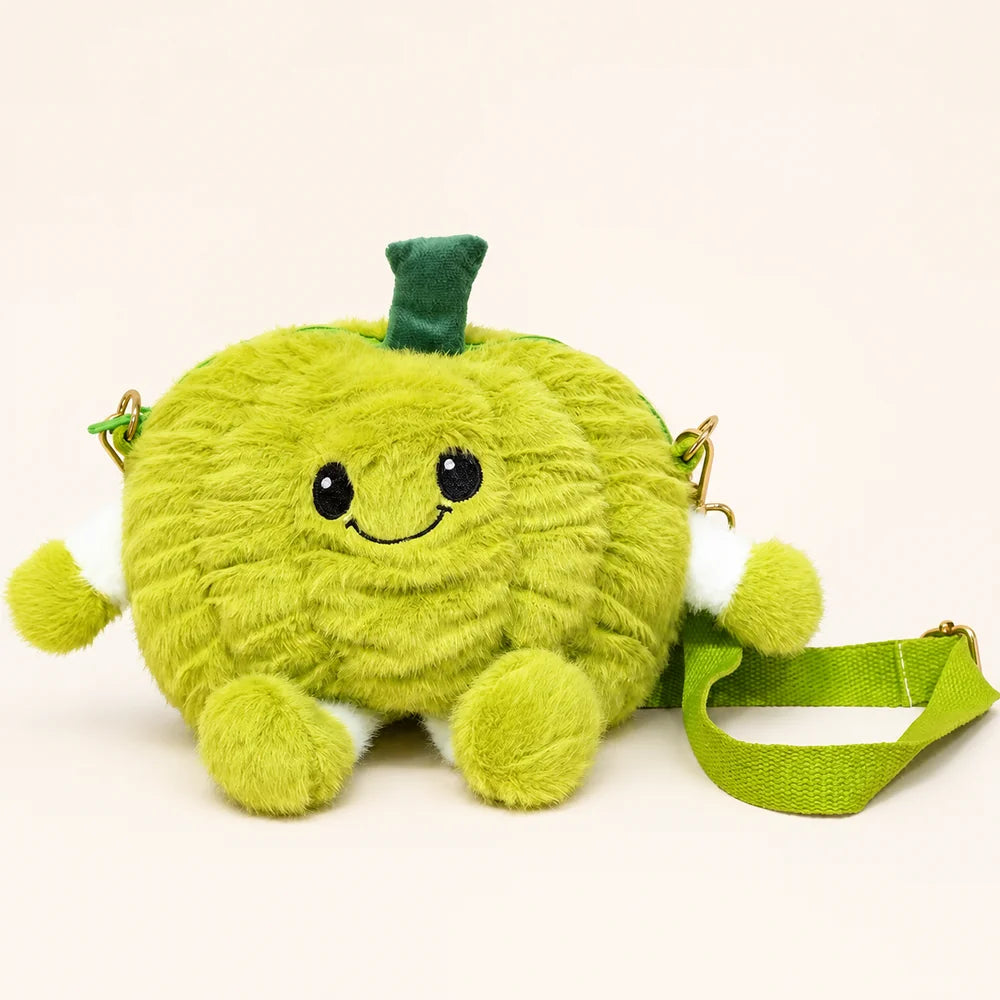 Lime Green Pumpkin Plush Crossbody Bag on Warm Ivory Background