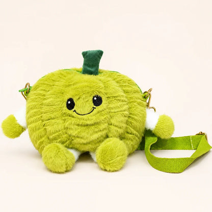 Lime Green Pumpkin Plush Crossbody Bag on Warm Ivory Background