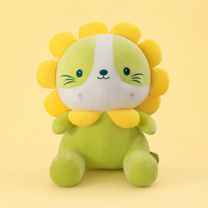 Green Lion Cat Plush Front View on Butter Yellow Background