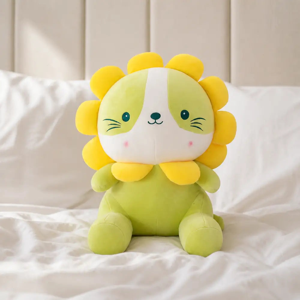 Green Lion Cat Plush on a White Bed