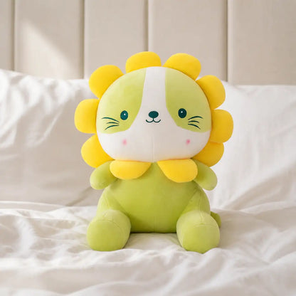 Green Lion Cat Plush on a White Bed