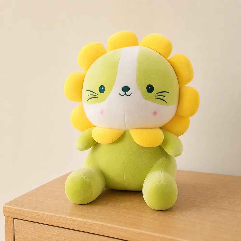 Green Lion Cat Plush on a Light Wood Bedside Table
