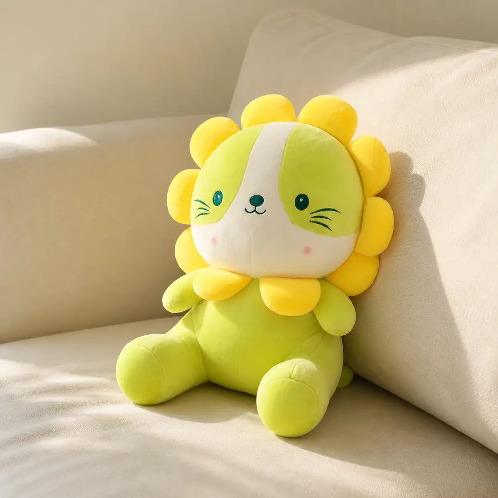 Green Lion Cat Plush Relaxing on an Ivory Sofa
