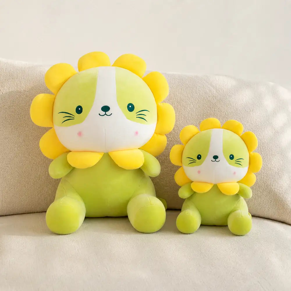 Green Lion Cat Plush 25cm and 35cm Pair on a Sofa