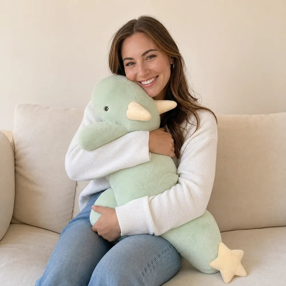 Woman Hugging a Mint Green Kawaii Dragon Plush
