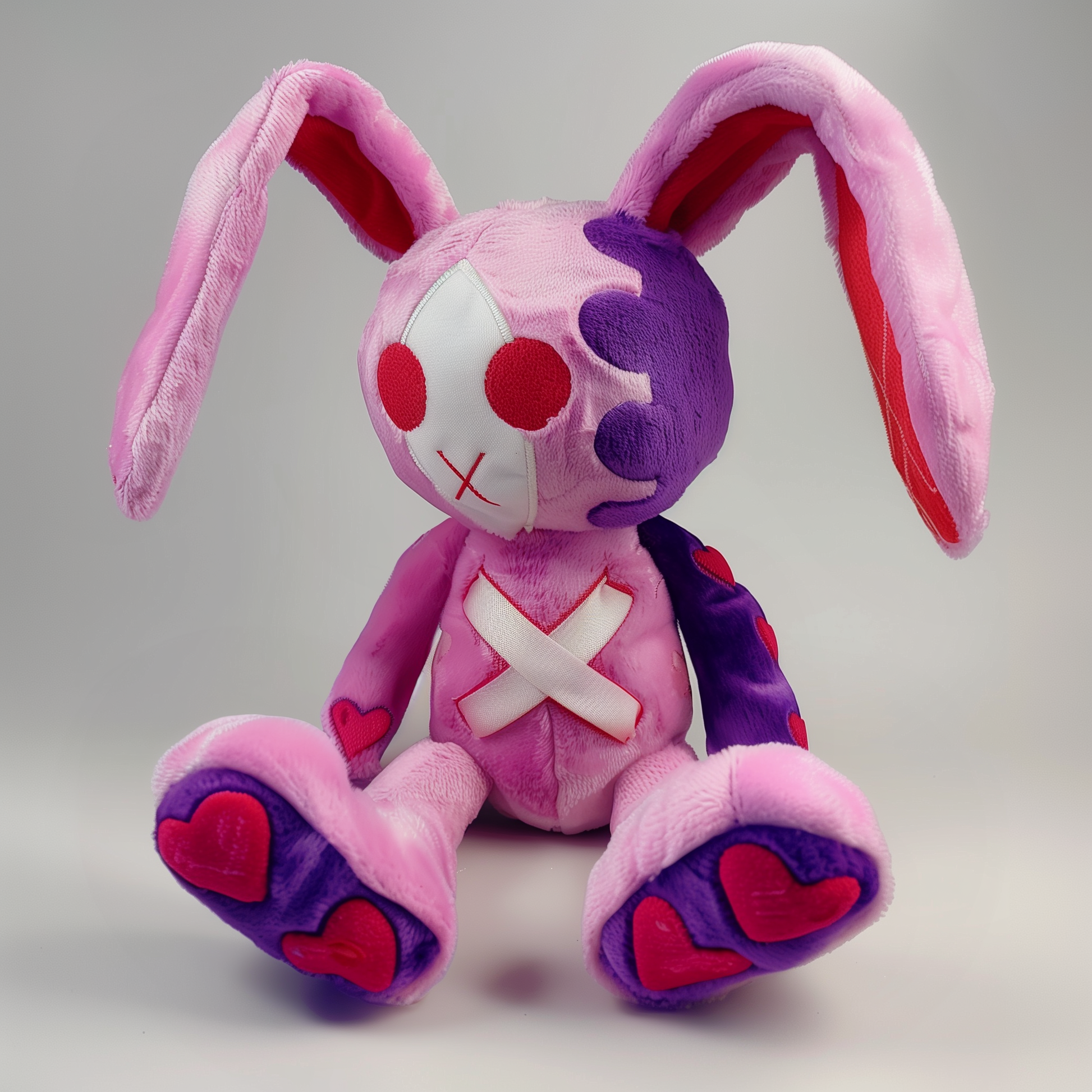 Moody pink and purple stuffed rabbit.