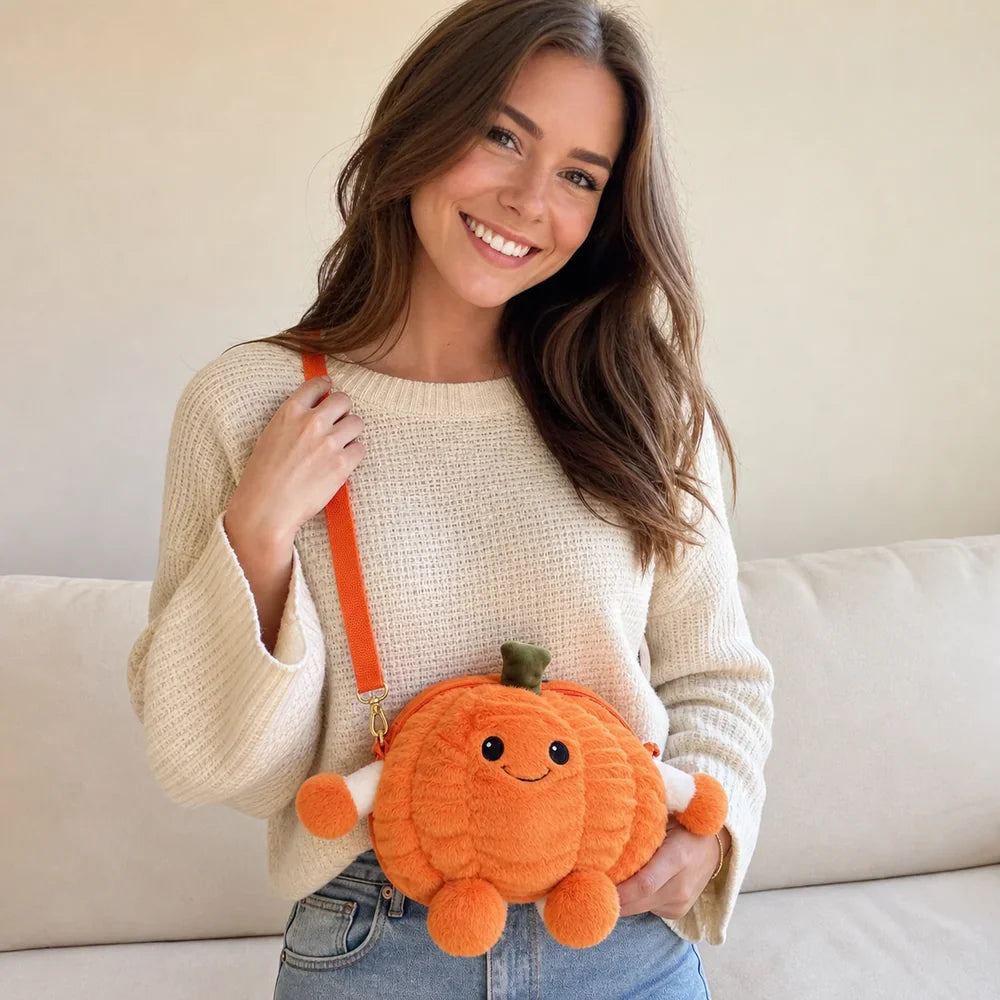 Orange Pumpkin Plush Crossbody Bag Lifestyle Photo