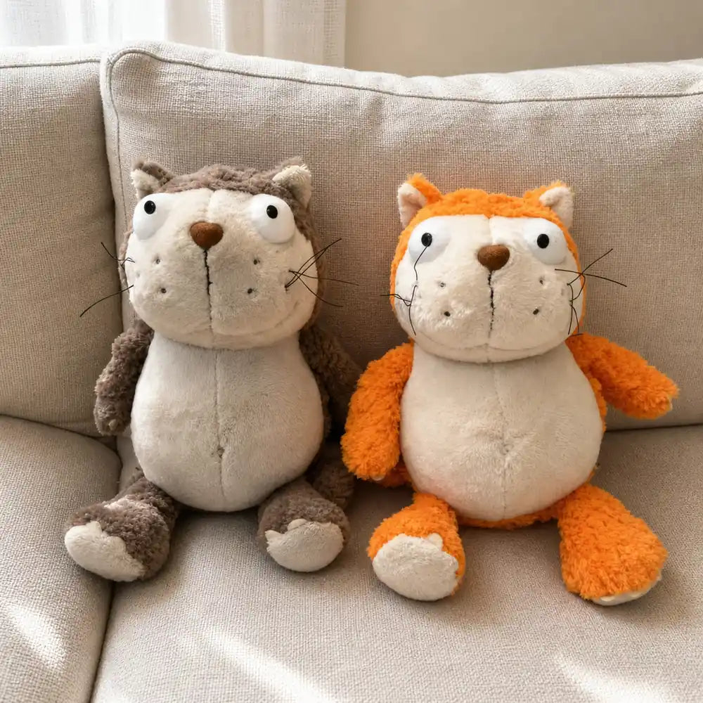Gray and Orange Otter Plush Stuffed Animals on a Sofa