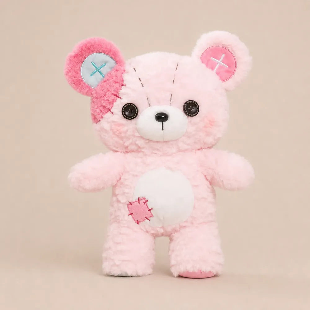 Pale Pink Patchwork Teddy Bear Plush on Oatmeal Studio Background