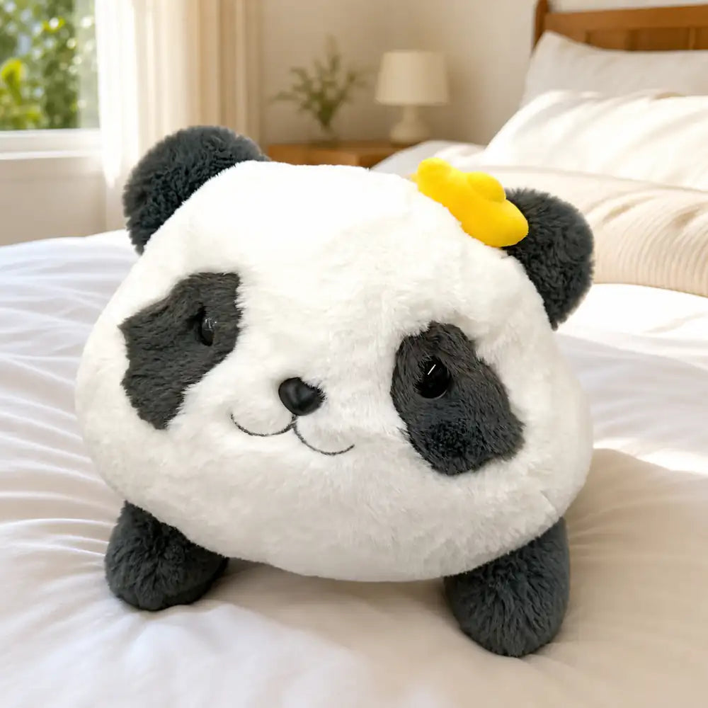 Flower Panda Plush Pillow on a Sunlit Bed