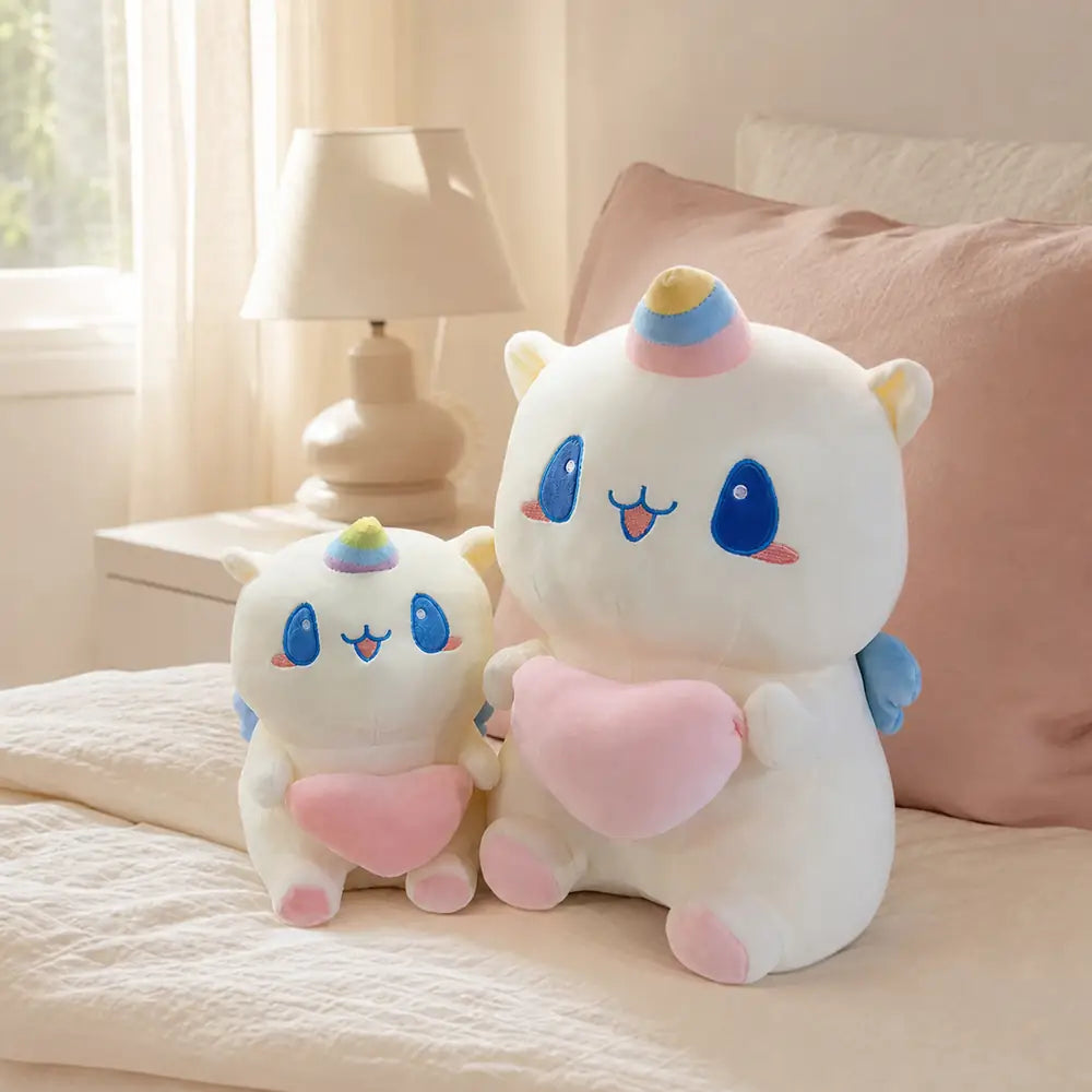 Pastel Heart Unicorn Plush on a Cozy Bedroom Bed