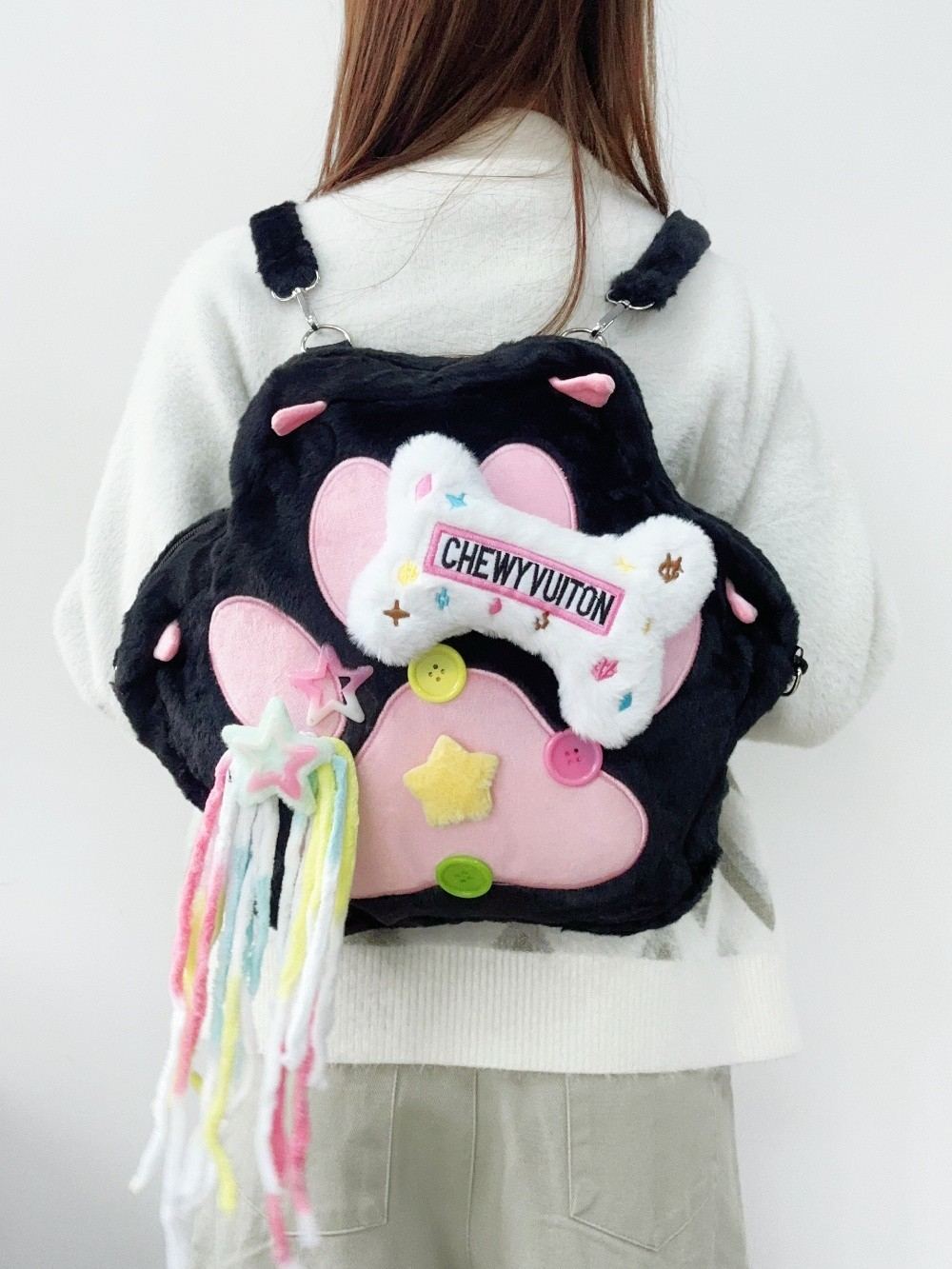 Kawaii Black and White Paw Plush Backpack – PlushThis| Plushies