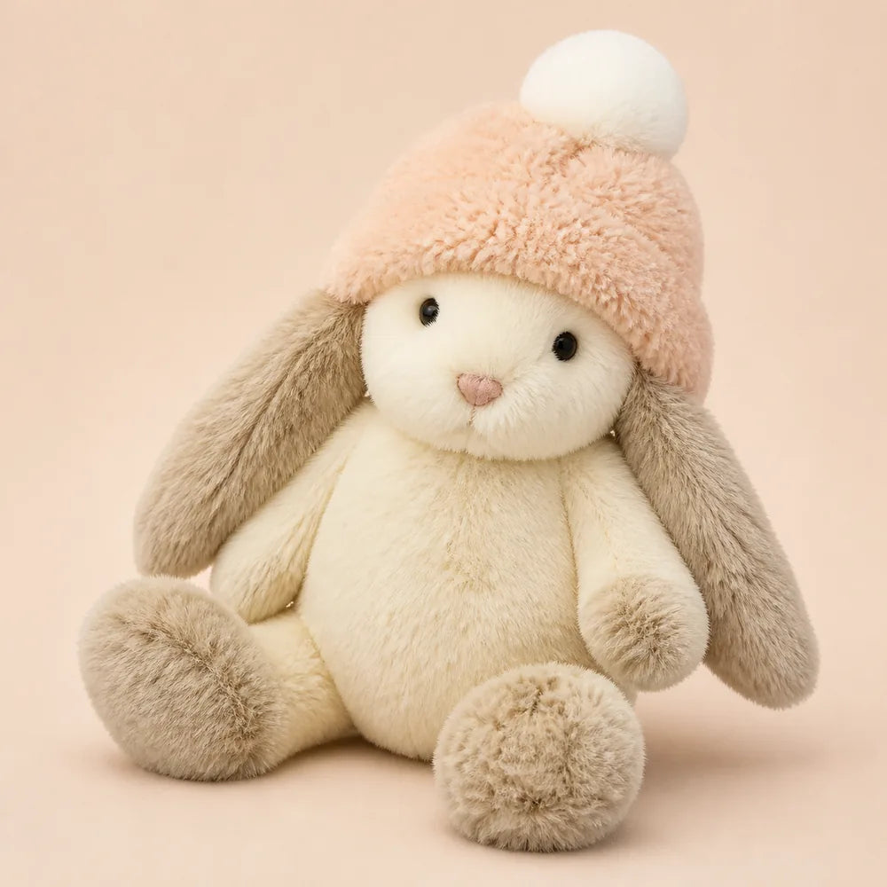 Peach Pom-Pom Bunny Plush - Soft Faux Rabbit Fur Detail