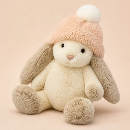 Peach Pom-Pom Bunny Plush - Soft Faux Rabbit Fur Detail