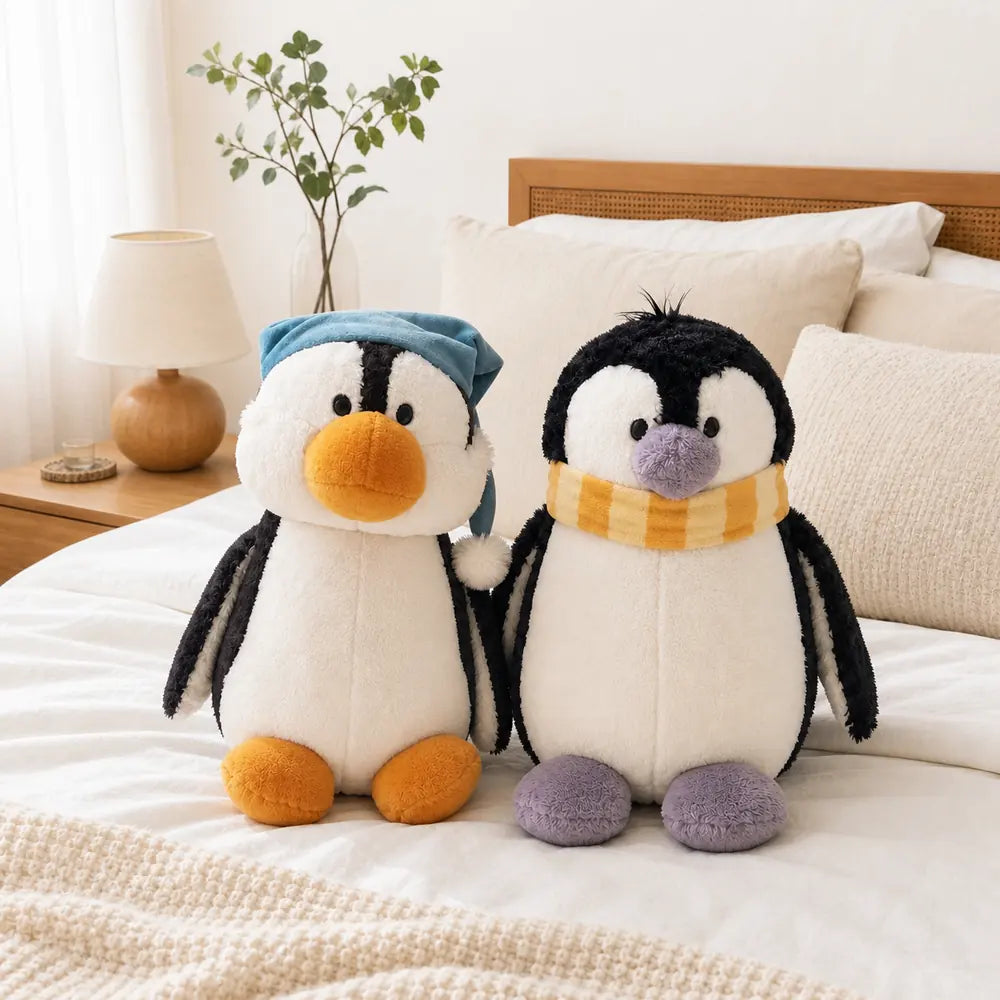 Blue Sleep Cap and Yellow Scarf Penguin Plush Toys on a Cozy Bed