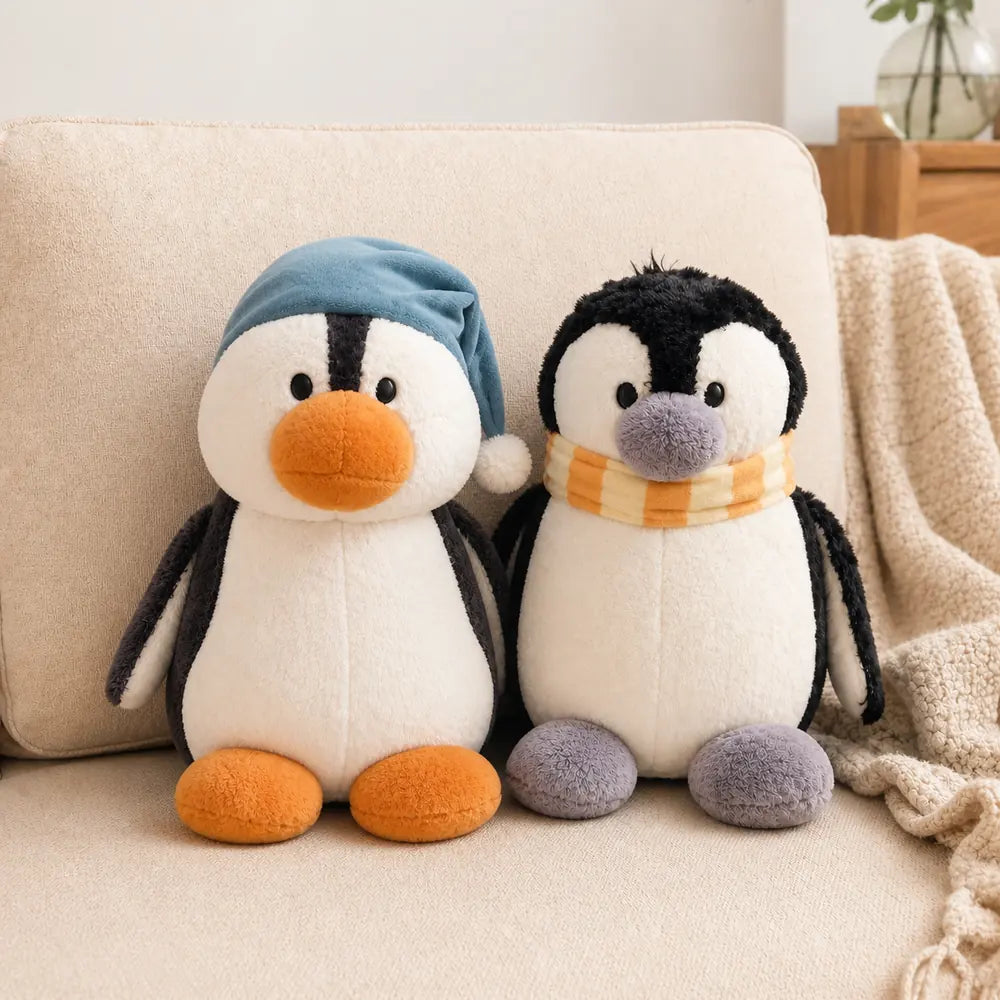 Blue Sleep Cap and Yellow Scarf Penguin Plush Toys on a Cozy Sofa