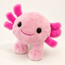 Front view of a pink axolotl stuffed animal with bright pink gills, glossy black eyes, and an embroidered smile.