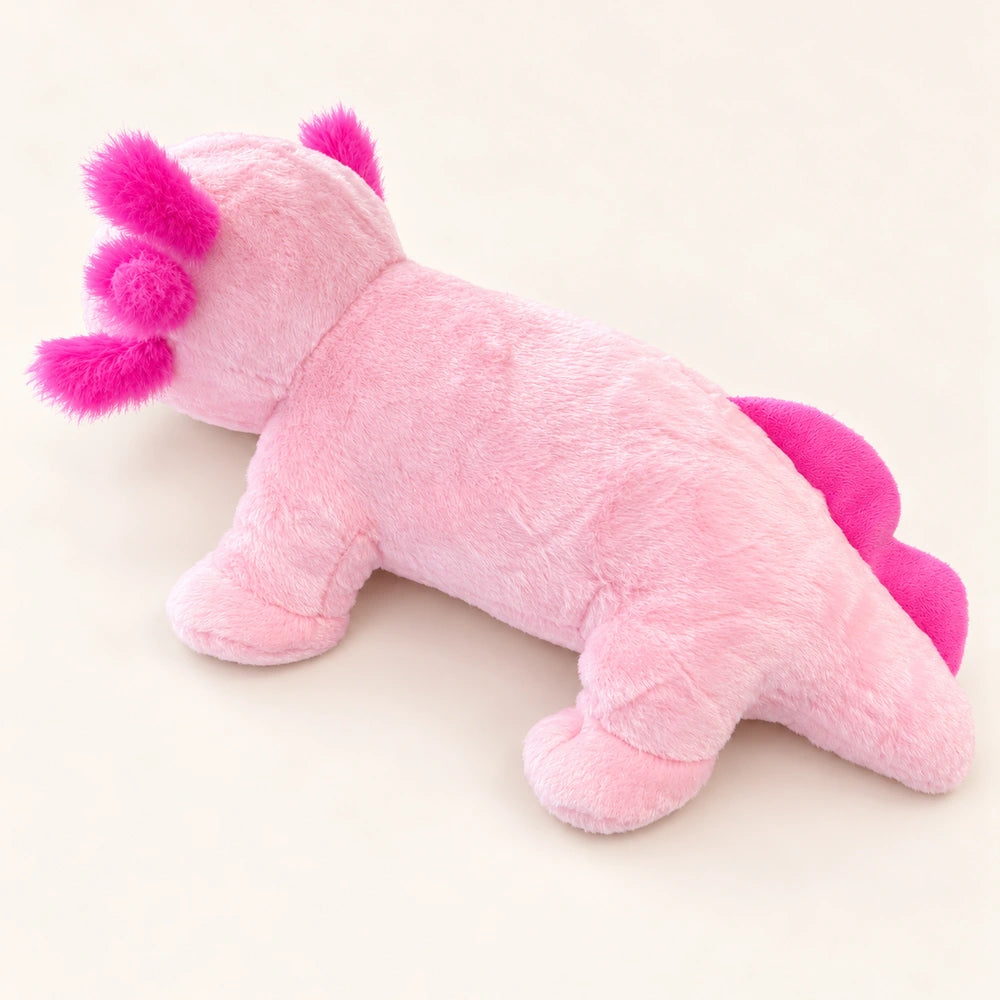 Elevated rear-side view of the pink axolotl stuffed animal showing its body, feet, and bright pink tail fin.