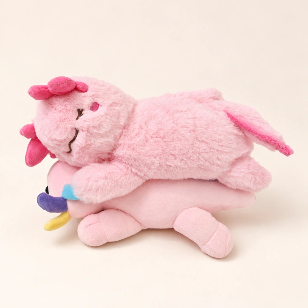 Sleepy Pink and Pastel Gills axolotl plush styles stacked to compare their fluffy and smooth fabrics.