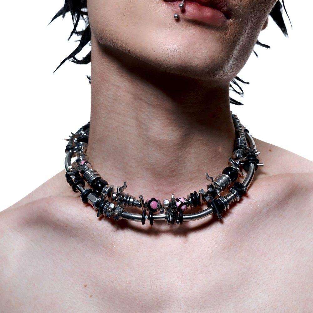 Punk Barbed Wire Spike Pink Bead Men's Choker
