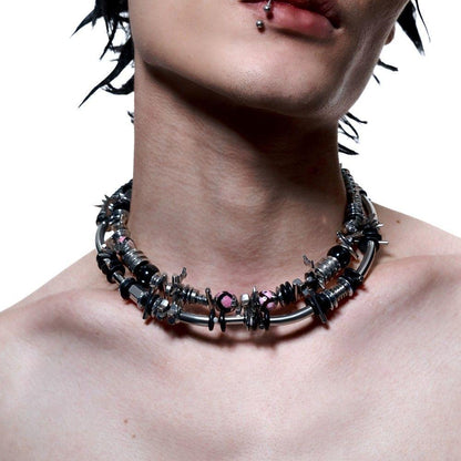 Punk Barbed Wire Spike Pink Bead Men's Choker