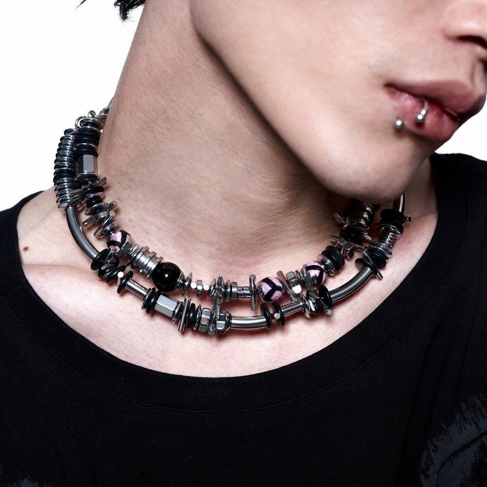 Punk Barbed Wire Spike Pink Bead Men's Choker