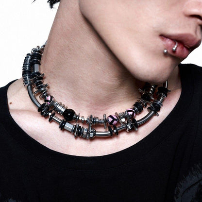 Punk Barbed Wire Spike Pink Bead Men's Choker
