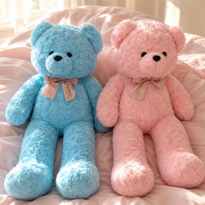 Pink and Blue Pastel Teddy Bear Plush Pair on a Bed
