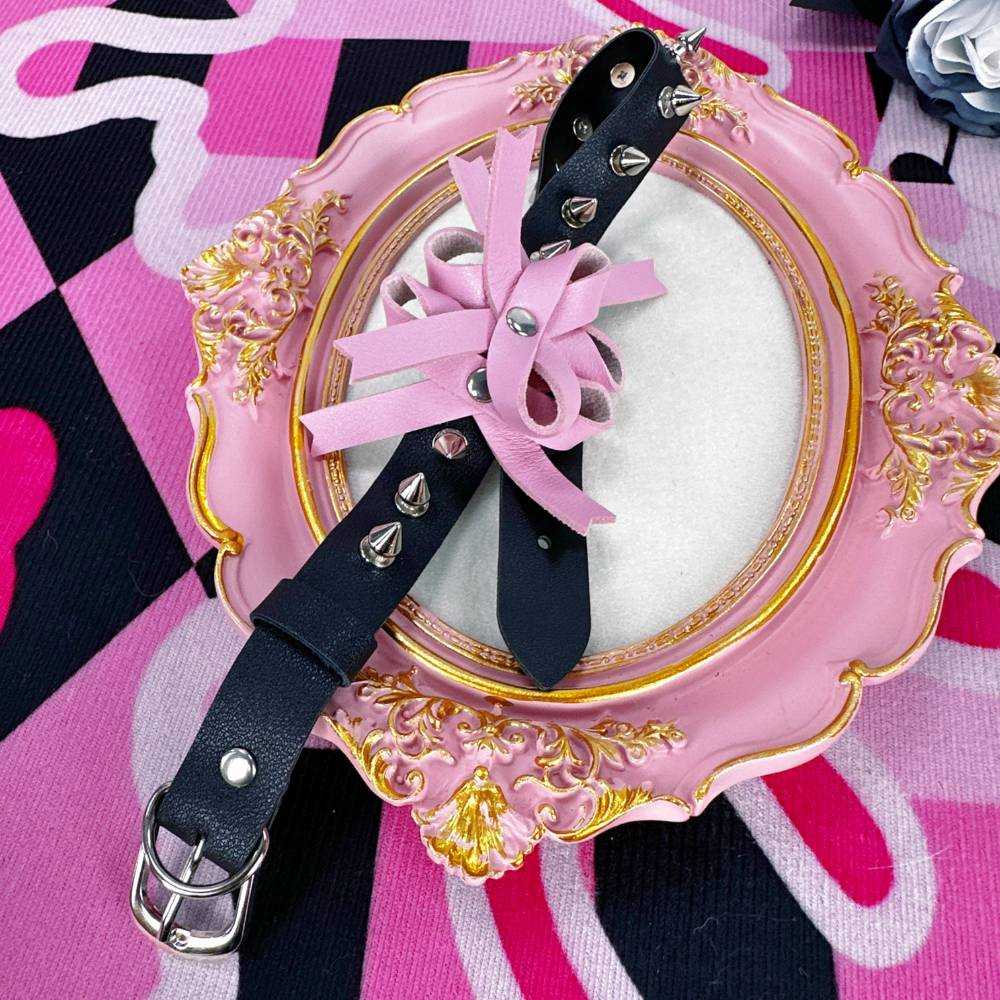 Sweet & Edgy Punk Spiked Pink Ribbon Leather Choker